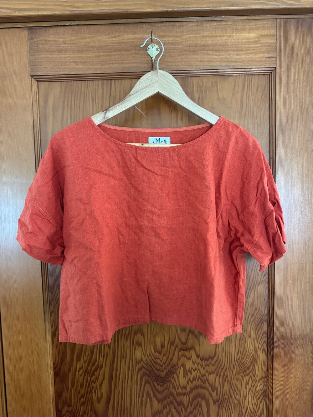 Red Short-Sleeve Linen Blend Boxy Top